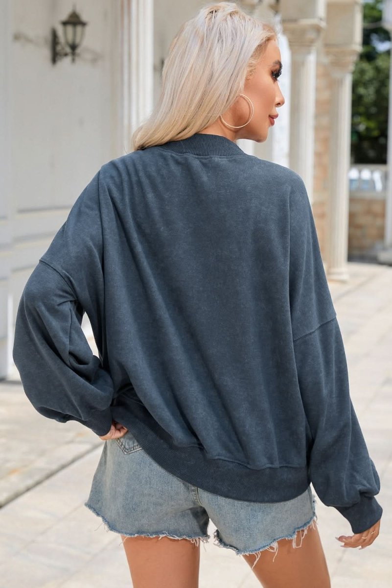 Sky Blue Drop Shoulder Crew Neck Pullover Sweatshirt - Love Salve